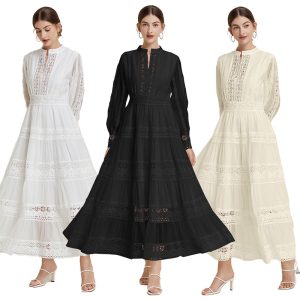 Fashion Vintage Dress Lace V-neck Patchwork Design Lantern Sleeve Dress