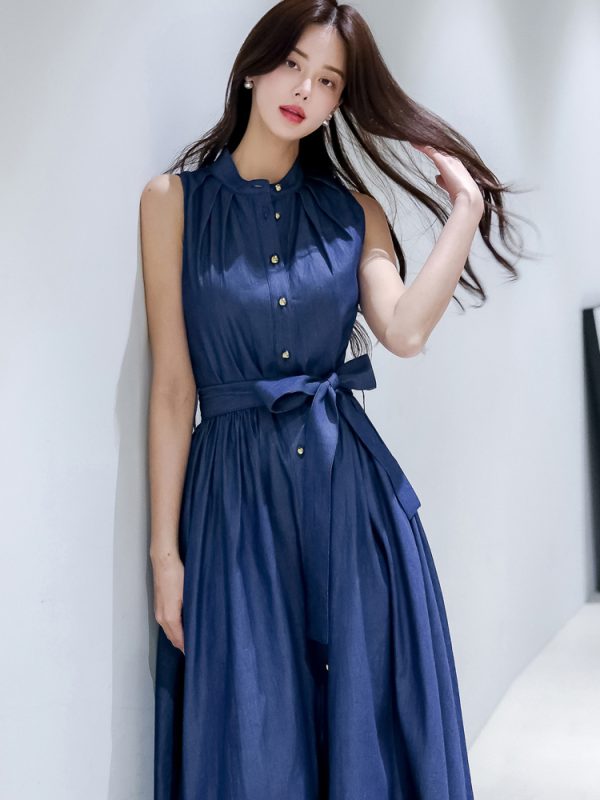 Elegant and Chic Sleeveless Denim Maxi Dress with Stand-up Collar and Swing Dress, Fashionable Dress - Image 3