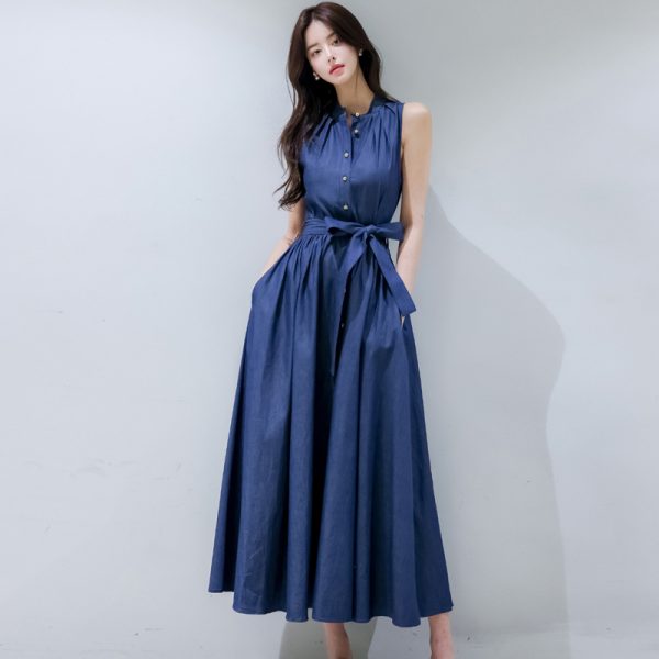 Elegant and Chic Sleeveless Denim Maxi Dress with Stand-up Collar and Swing Dress, Fashionable Dress - Image 4