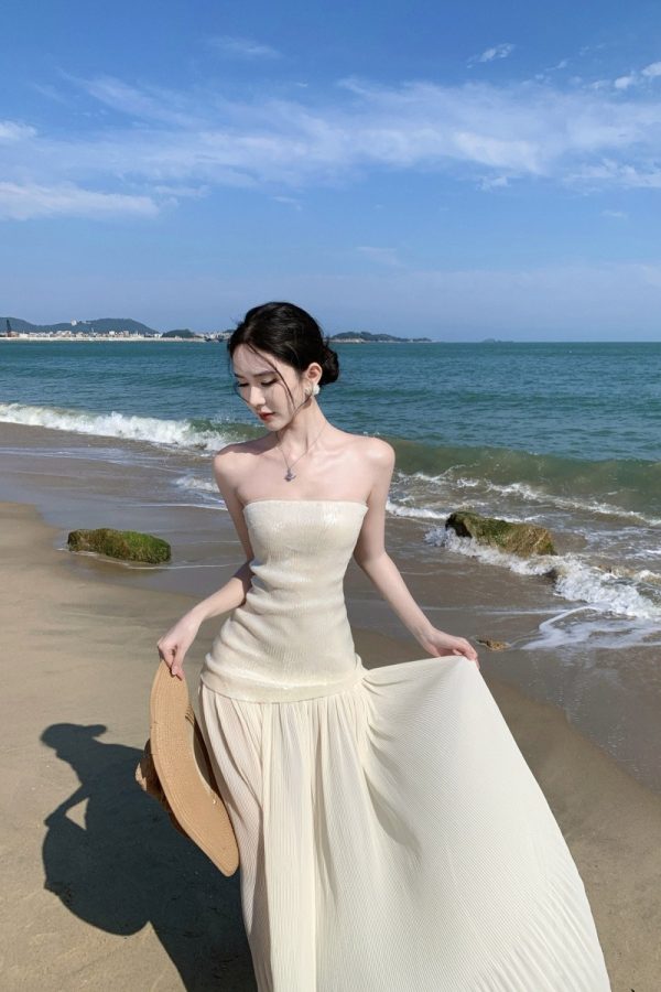 Style Superior Sense Seaside Vacation Long Skirt Summer Elegance Socialite Mopping Long Skirt Strapless Sequins Splicing Dress - Image 2
