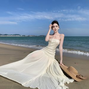 Style Superior Sense Seaside Vacation Long Skirt Summer Elegance Socialite Mopping Long Skirt Strapless Sequins Splicing Dress