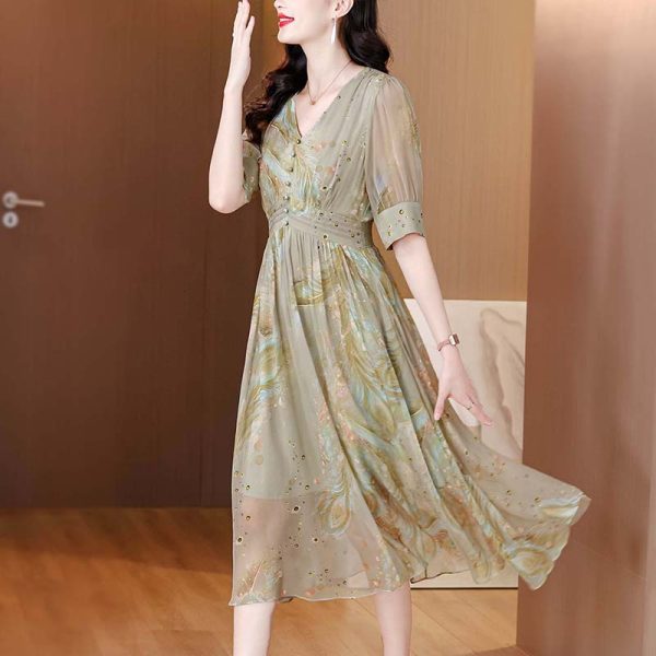 Silk Skirt 2025 New Style Mulberry silk V Neck Feather Flower Dress - Image 4