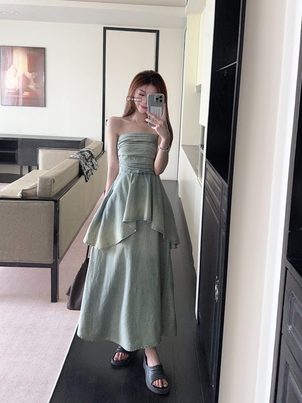 Summer Style Vintage Design Sense Niche Denim Strapless Skirt Off-shoulder Sexy Waist-cinching Dress - Image 2