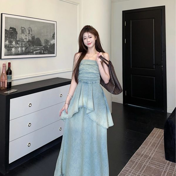 Summer Style Vintage Design Sense Niche Denim Strapless Skirt Off-shoulder Sexy Waist-cinching Dress - Image 5
