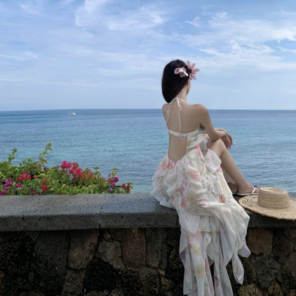 Vintage Floral Print Strap Dress New Style Beach Vacation Skirt - Image 2