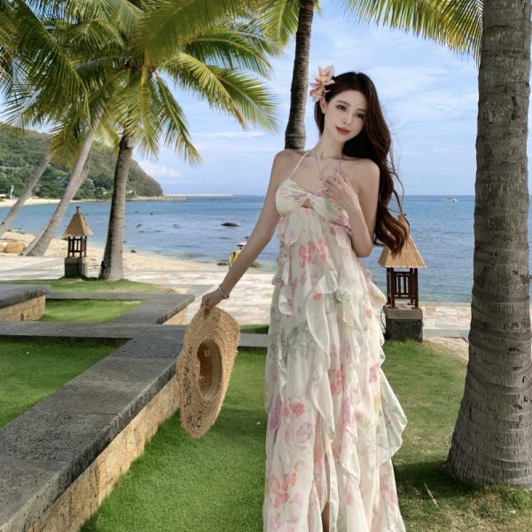 Vintage Floral Print Strap Dress New Style Beach Vacation Skirt - Image 3