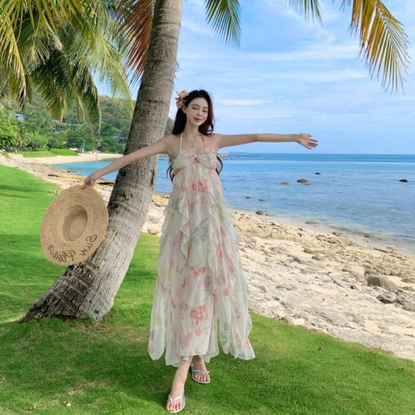 Vintage Floral Print Strap Dress New Style Beach Vacation Skirt - Image 4