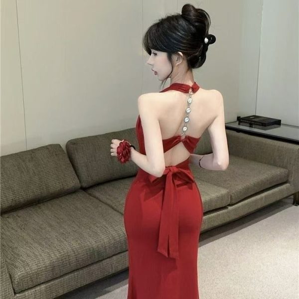 Sexy Purple Hanging Neck Strap Dress Women's Backless Dress Stepmother Slim fit Bodycon Long Skirt Formal wear - Image 3