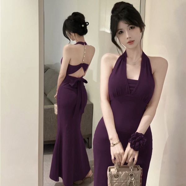 Sexy Purple Hanging Neck Strap Dress Women's Backless Dress Stepmother Slim fit Bodycon Long Skirt Formal wear