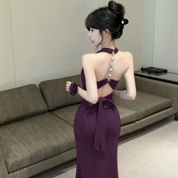 Sexy Purple Hanging Neck Strap Dress Women's Backless Dress Stepmother Slim fit Bodycon Long Skirt Formal wear - Image 5