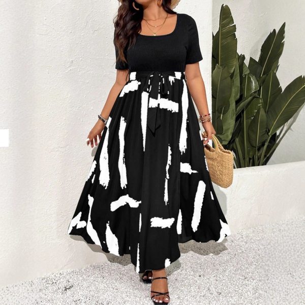 Plus Size Ladies Summer New Style Fashion Elegant Elegance Stretch Belt Random Printed Dress - Image 3