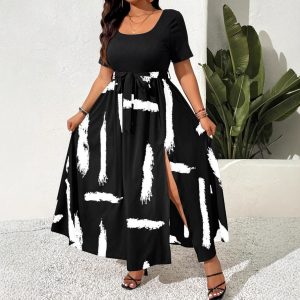 Plus Size Ladies Summer New Style Fashion Elegant Elegance Stretch Belt Random Printed Dress