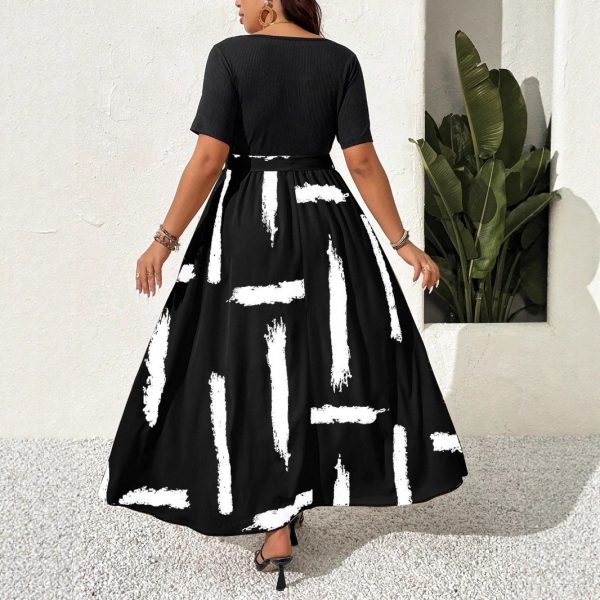 Plus Size Ladies Summer New Style Fashion Elegant Elegance Stretch Belt Random Printed Dress - Image 2