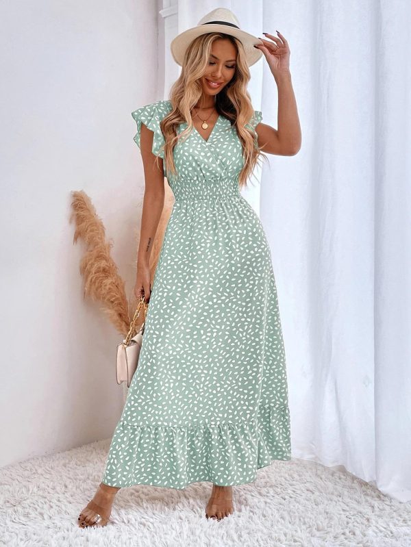 2022 Cross-Border Women's Spring-Summer New Arrival V-Neck Waist-Cinching Ruffle Maxi Dress - Image 3
