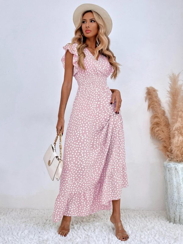 2022 Cross-Border Women's Spring-Summer New Arrival V-Neck Waist-Cinching Ruffle Maxi Dress - Image 4
