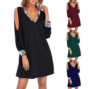 Europe and America Cross Border New Women's Solid Color off-the-Shoulder Sleeves Casual Fashion Deep V-neck Sequins Stitching Dress